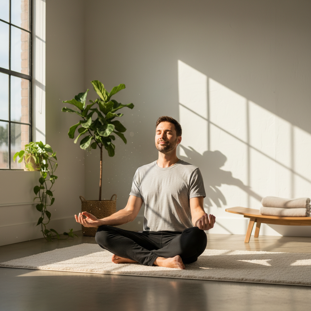 Mann sitzt ruhig in einem lichtdurchfluteten Raum und praktiziert Atemübungen als Teil achtsamer Alltagsroutine