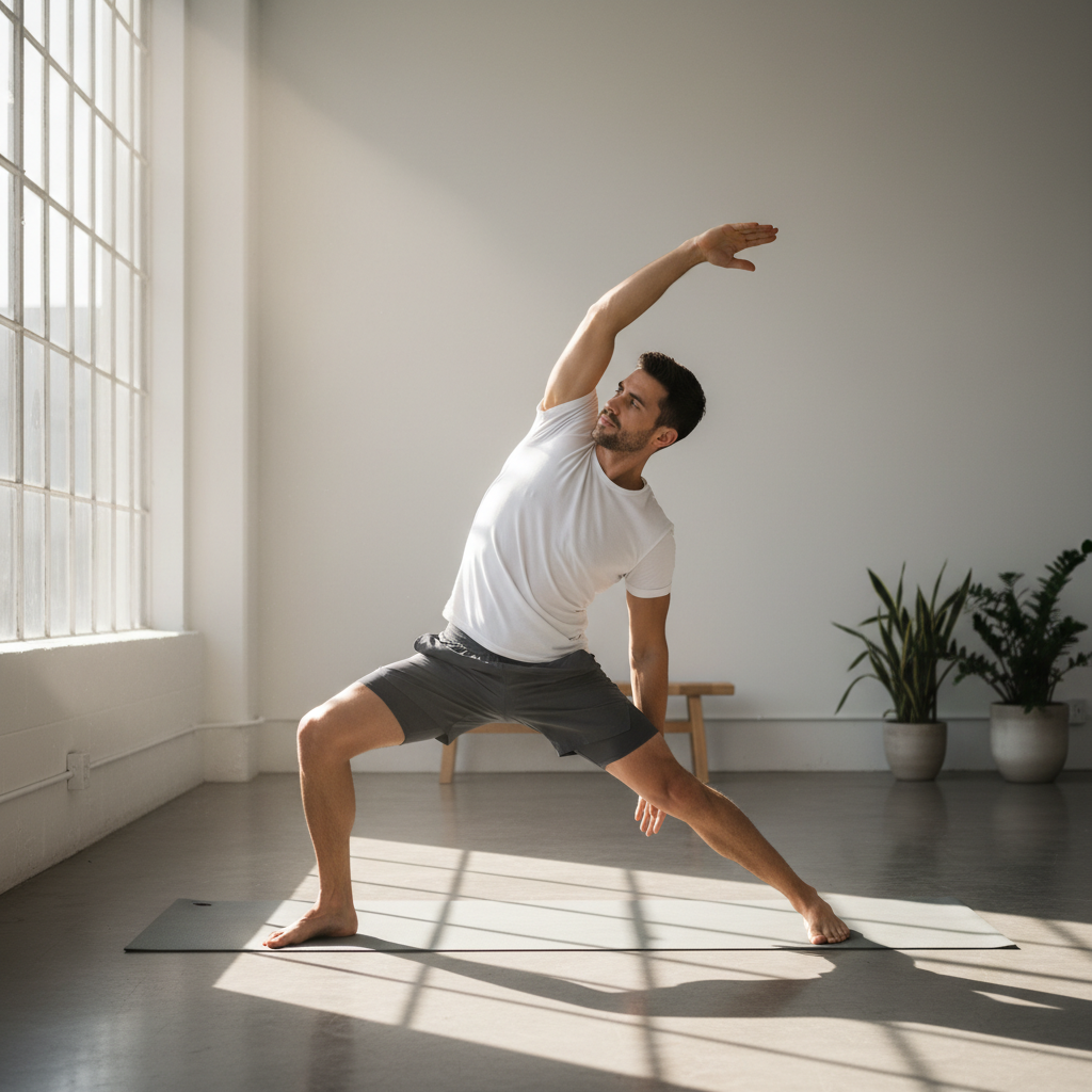 Mann führt kontrollierte Dehnübungen in einer hellen, minimalistischen Umgebung durch