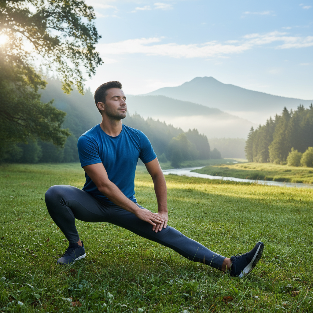 Mann beim ruhigen Stretching im Freien vor einer grünen Naturkulisse – körperliche Bewegung im Alltag